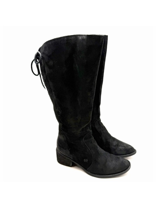 Born Shoes - Born Felicia Distressed Black Suede Knee-High Lace & Side Zip Boots Womens 9.5